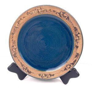 Handmade Studio Pottery Plate Signed “Bill Campbell” Blue Glaze w Village Scene